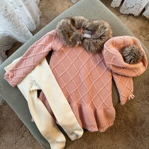 Tahari Baby Pink Knit Dress with Faux Fur Collar